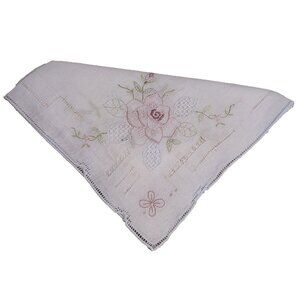 Vintage Dainty 12" Handkerchief Embroidered Pink Flowers Lattice Lace